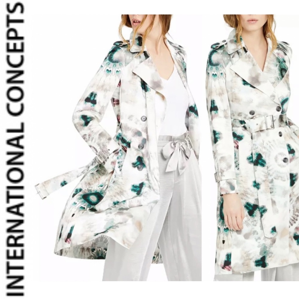 💚NWT International Concept SHINE TIE DYE SATIN TRENCH COAT 🧥😍